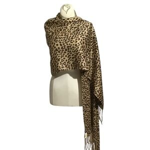 Cejon‎ Leopard Print Scarf Shawl Wrap 100% Rayon Fringed Tan Brown Women